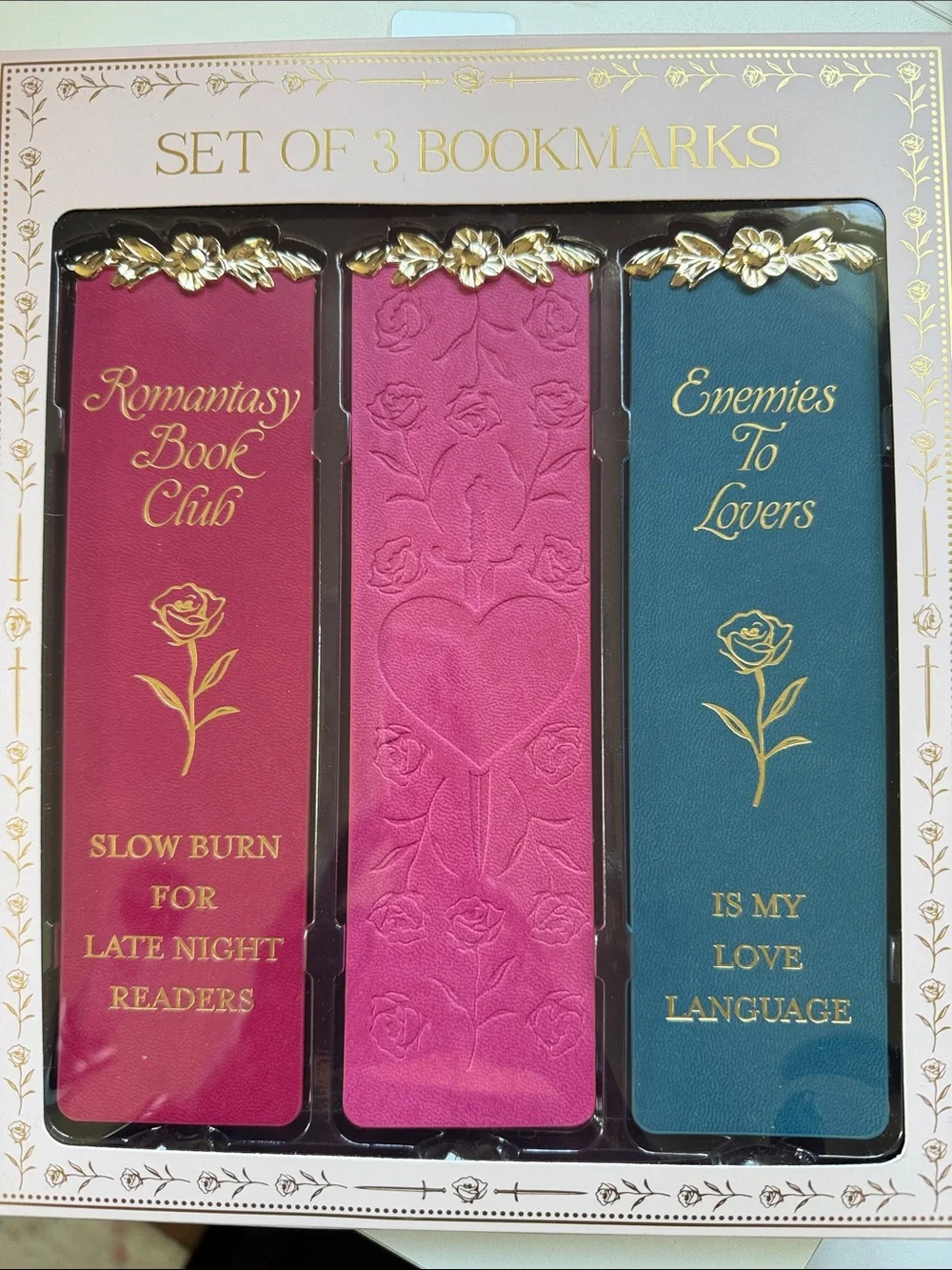 Set of 3 Decorative Leatherette Bookmarks - Pink, Magenta, Teal